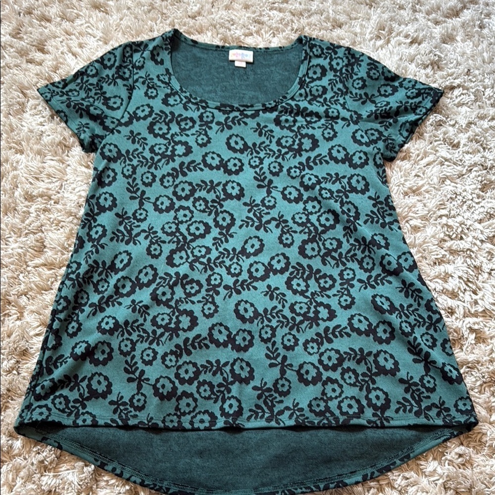 LuLaRoe Green and Black Short Sleeve T-shirt with Floral Design